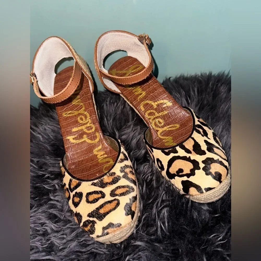 Sam Edelman Harmony Leopard Wedge espadrilles Sandals EUC SZ 9.5